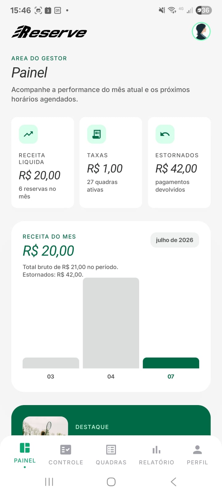 Painel do proprietário da Reserve com receita, taxas e estornos.
