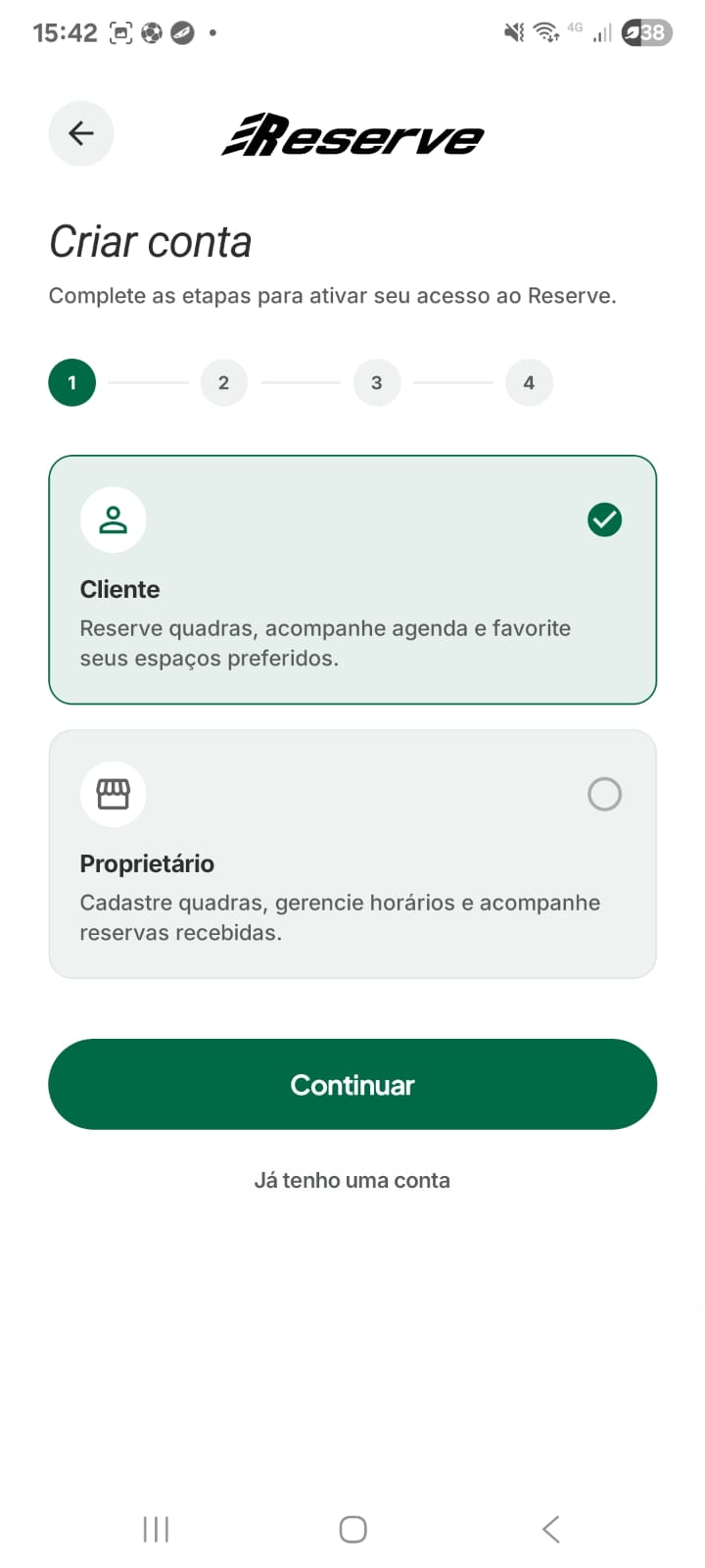 Tela de criação de conta selecionando o perfil Cliente na Reserve.