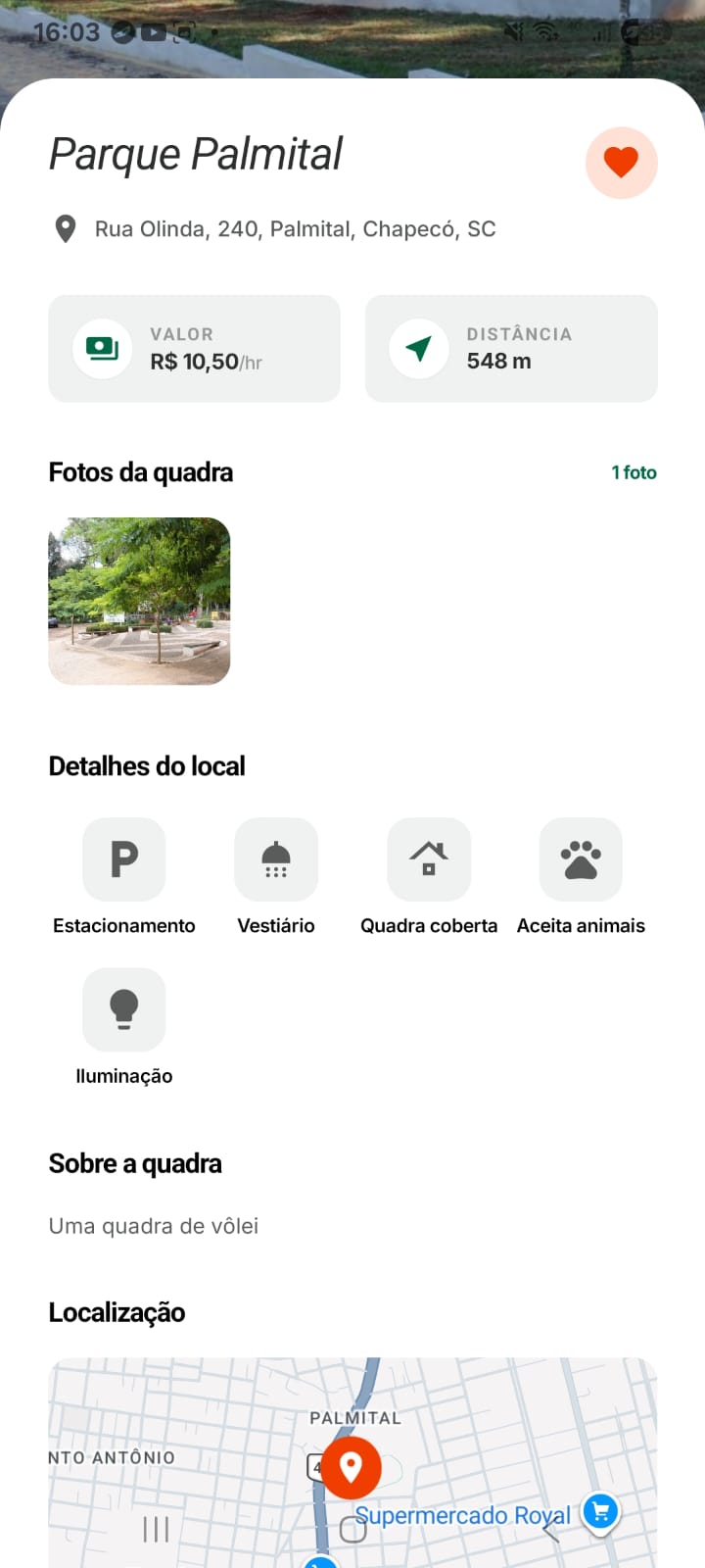 Tela de detalhe de quadra no Reserve com preço, distância, fotos e localização.