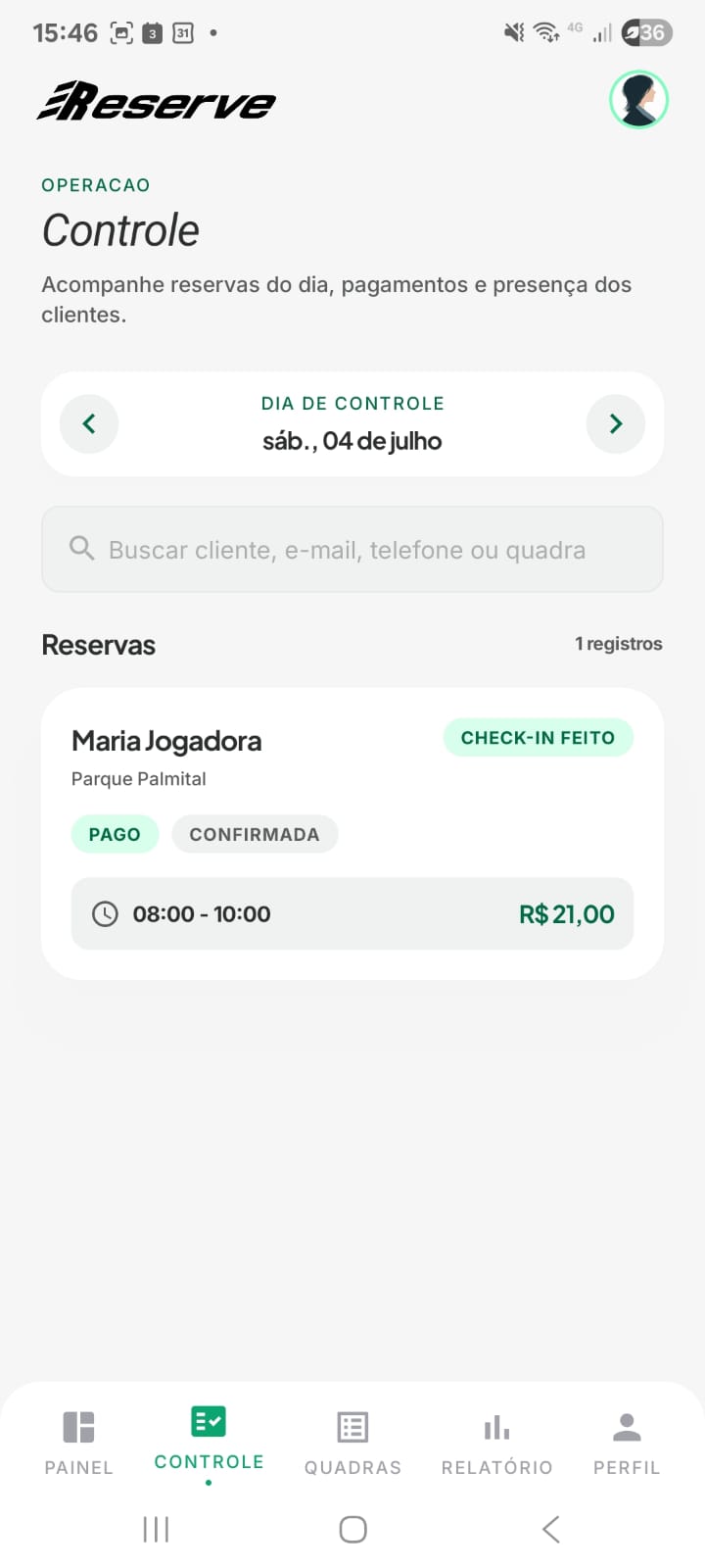 Tela de controle diário da Reserve para proprietários de quadras.