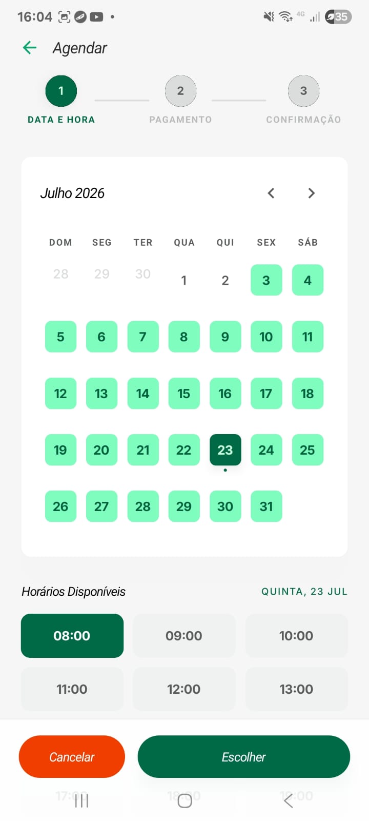 Tela de agendamento da Reserve com calendário e horários disponíveis.