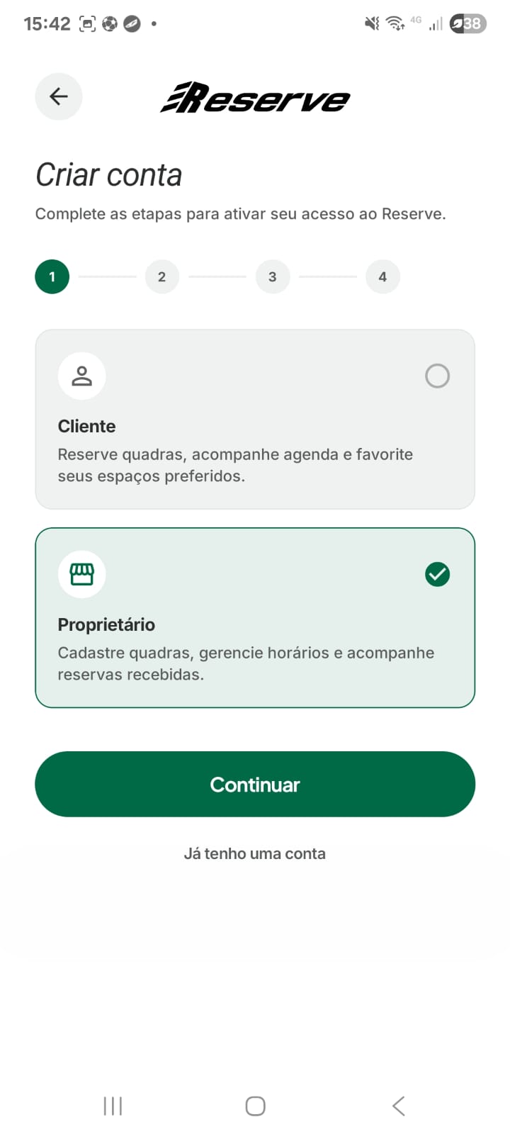 Tela de criação de conta selecionando o perfil Proprietário na Reserve.