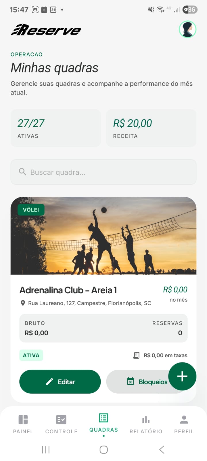 Tela Minhas quadras da Reserve com card de quadra ativa.