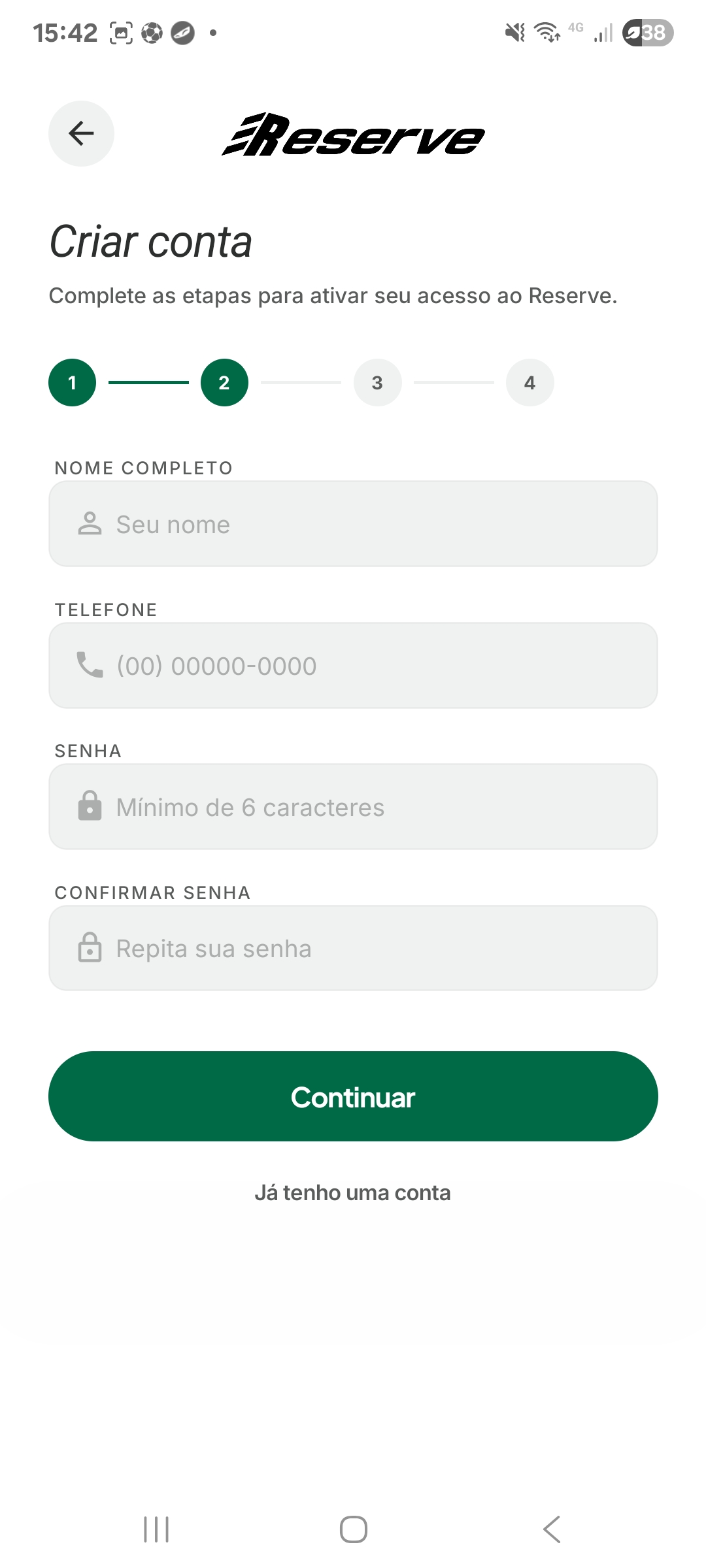 Tela de cadastro da Reserve solicitando nome, telefone e senha.