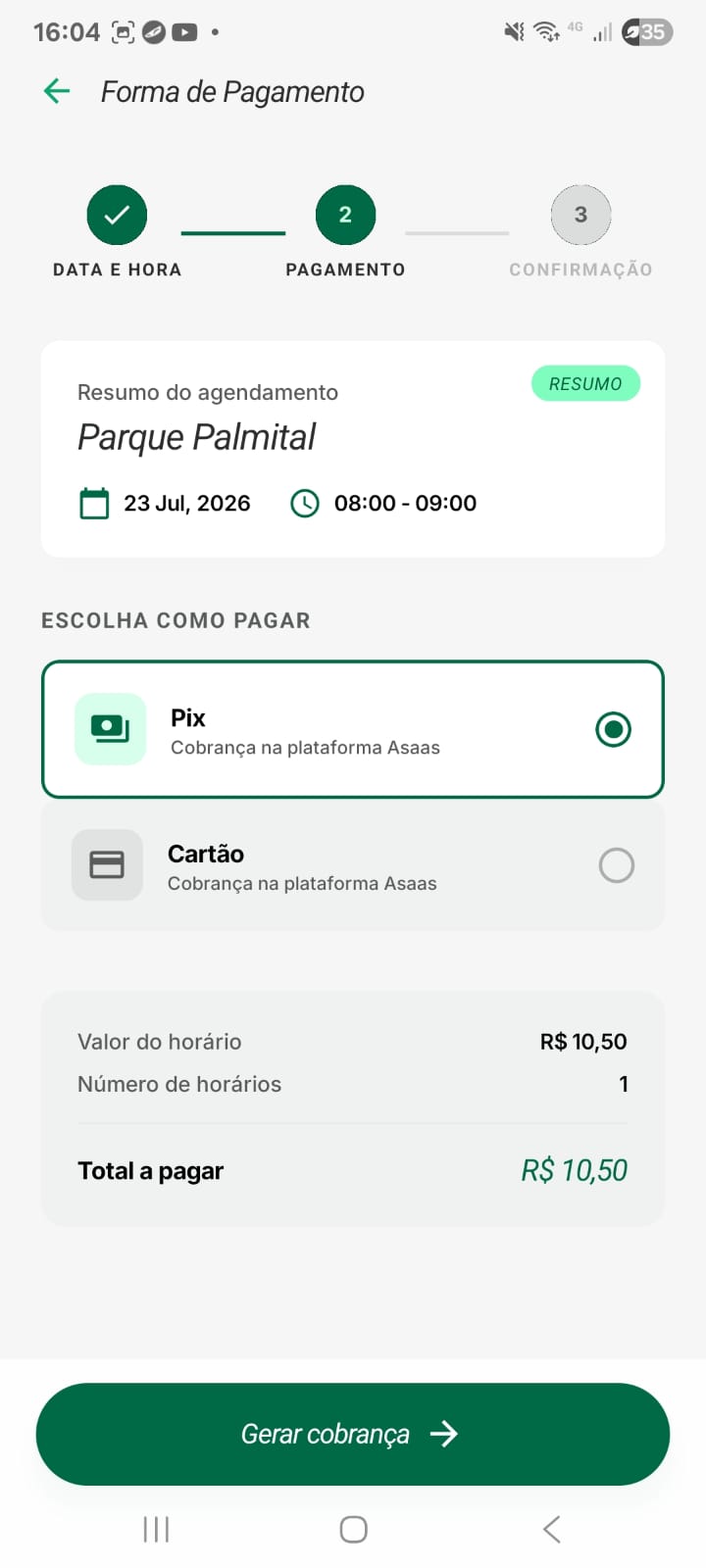 Tela de pagamento da Reserve com opções Pix e cartão.