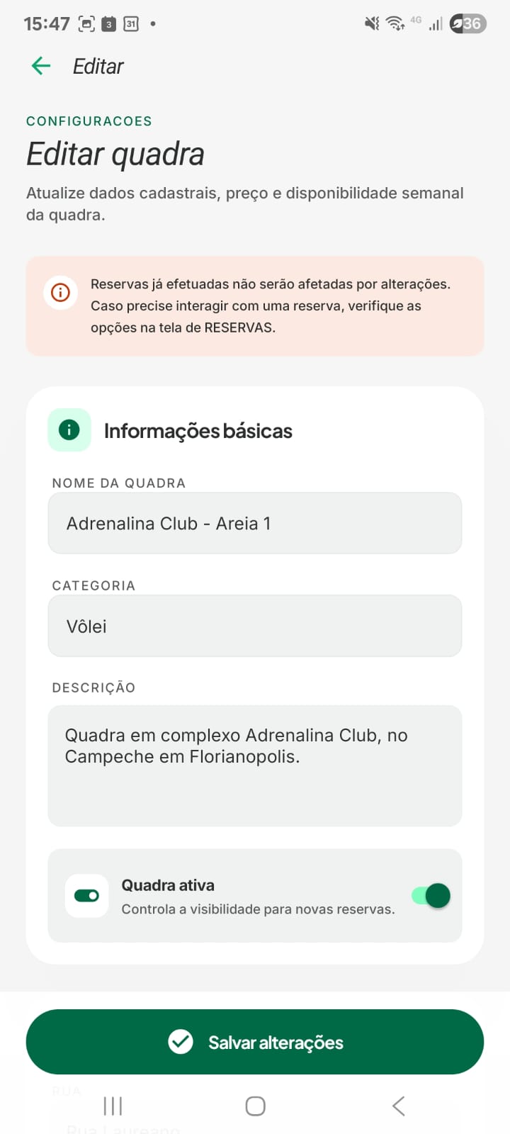 Tela de edição de quadra com informações básicas na Reserve.