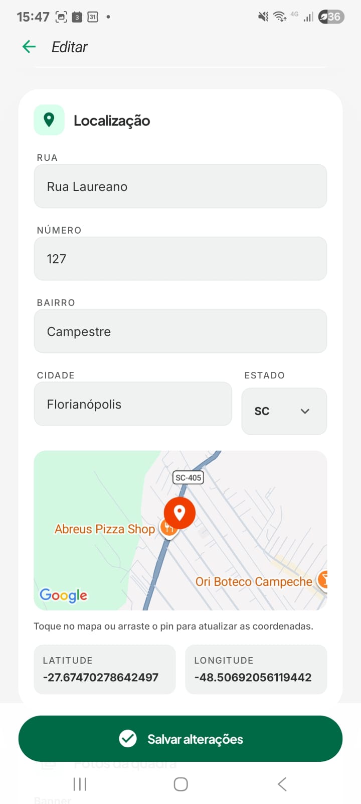 Tela de localização da quadra com mapa e coordenadas na Reserve.