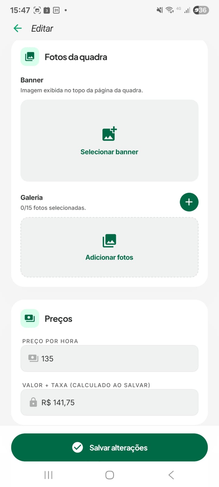 Tela da Reserve para fotos da quadra e preço por hora.