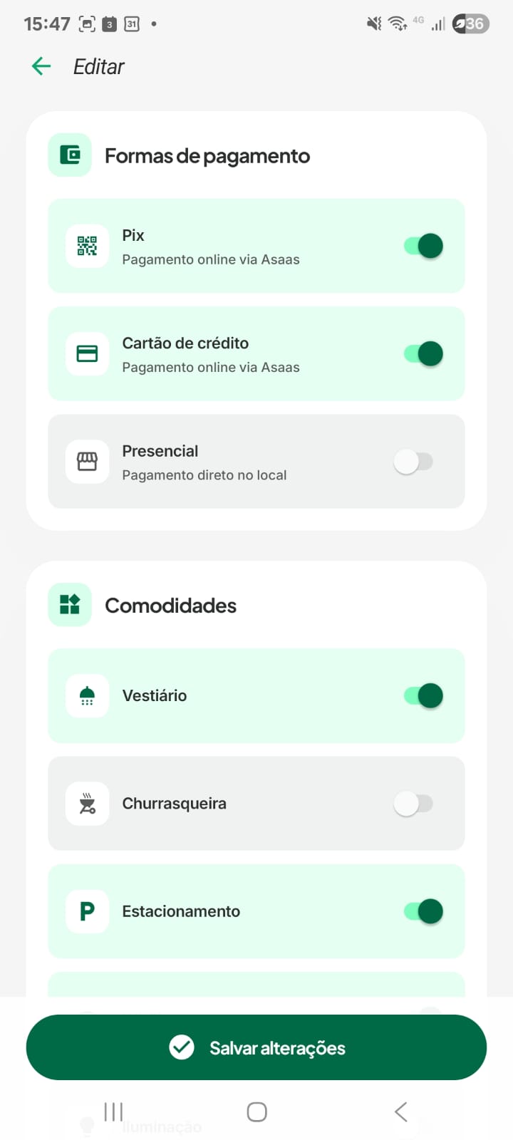 Tela de formas de pagamento e comodidades da quadra na Reserve.