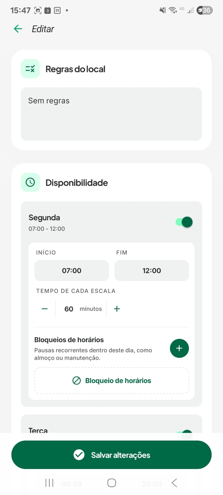 Tela de regras do local e disponibilidade semanal da quadra na Reserve.
