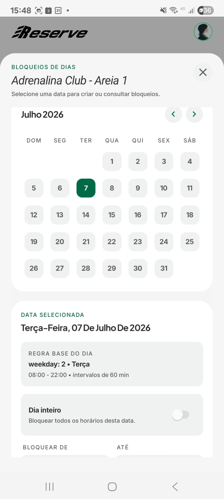 Modal de bloqueios por dia da Reserve com calendário mensal.