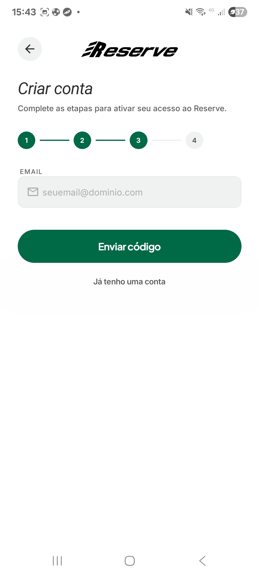 Tela da Reserve para envio de código de confirmação por e-mail.