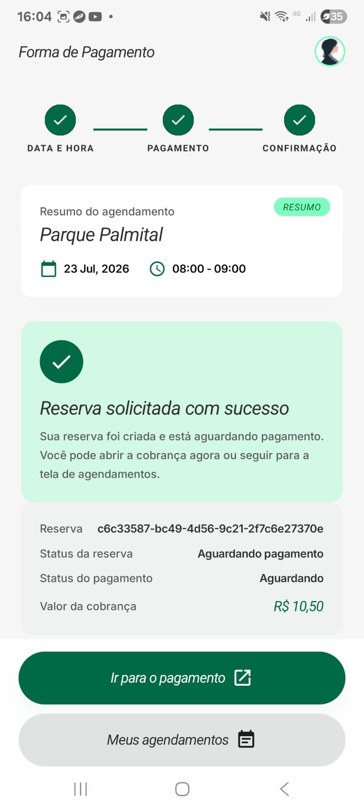 Tela de confirmação de reserva solicitada com sucesso no app Reserve.