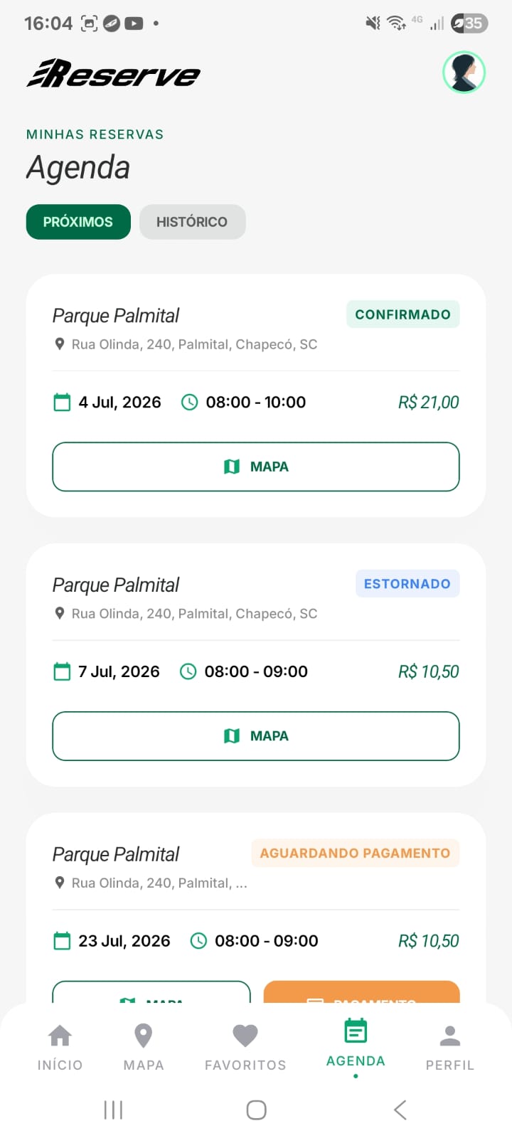 Tela de agenda do jogador na Reserve com reservas próximas e histórico.