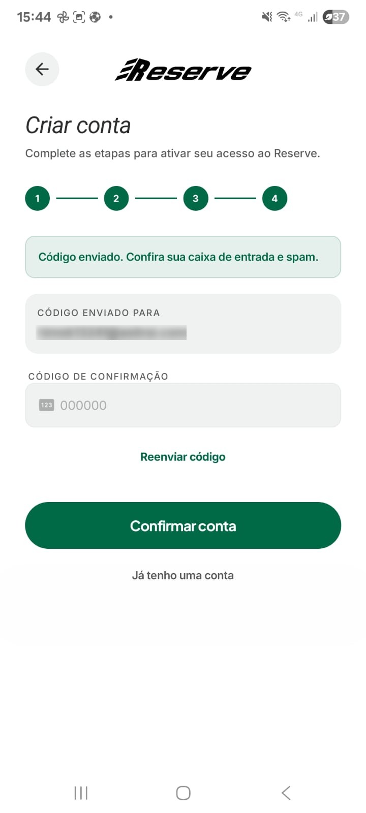 Tela para confirmar conta na Reserve com código enviado por e-mail.
