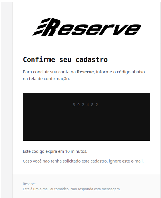 E-mail de confirmação de cadastro da Reserve com código de verificação.