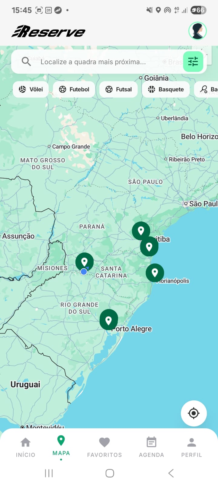 Tela de mapa do aplicativo Reserve