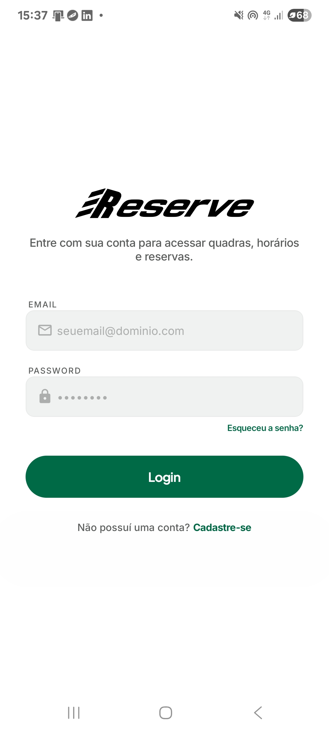 Tela de login do aplicativo Reserve